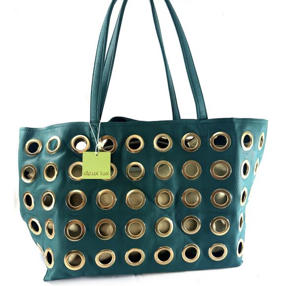 Deux Lux Teal Tote Bag Grommet Eyelet Studded Shoulder Purse Large 16x11x6 - Picture 1 of 11